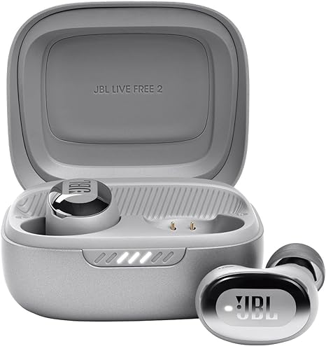 JBL Live Free 2: 35 Hours of Playtime, True Adaptive Noise Cancelling, Smart Ambient, and beamforming mics (Silver), Small